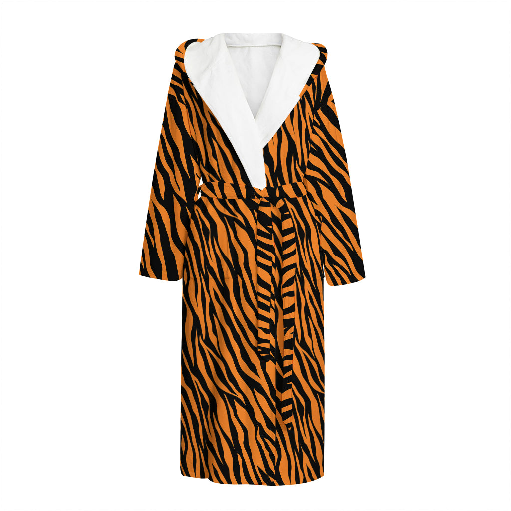 Orange And Black Tiger Stripe Print Hooded Bathrobe