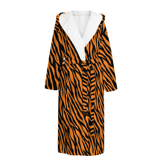 Orange And Black Tiger Stripe Print Hooded Bathrobe