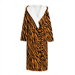 Orange And Black Tiger Stripe Print Hooded Bathrobe