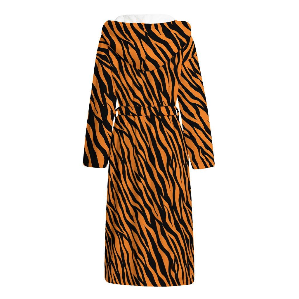 Orange And Black Tiger Stripe Print Hooded Bathrobe
