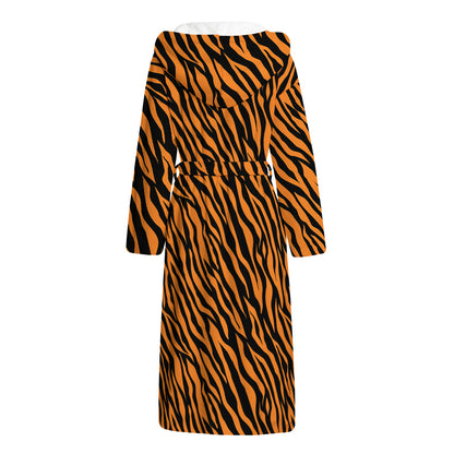 Orange And Black Tiger Stripe Print Hooded Bathrobe