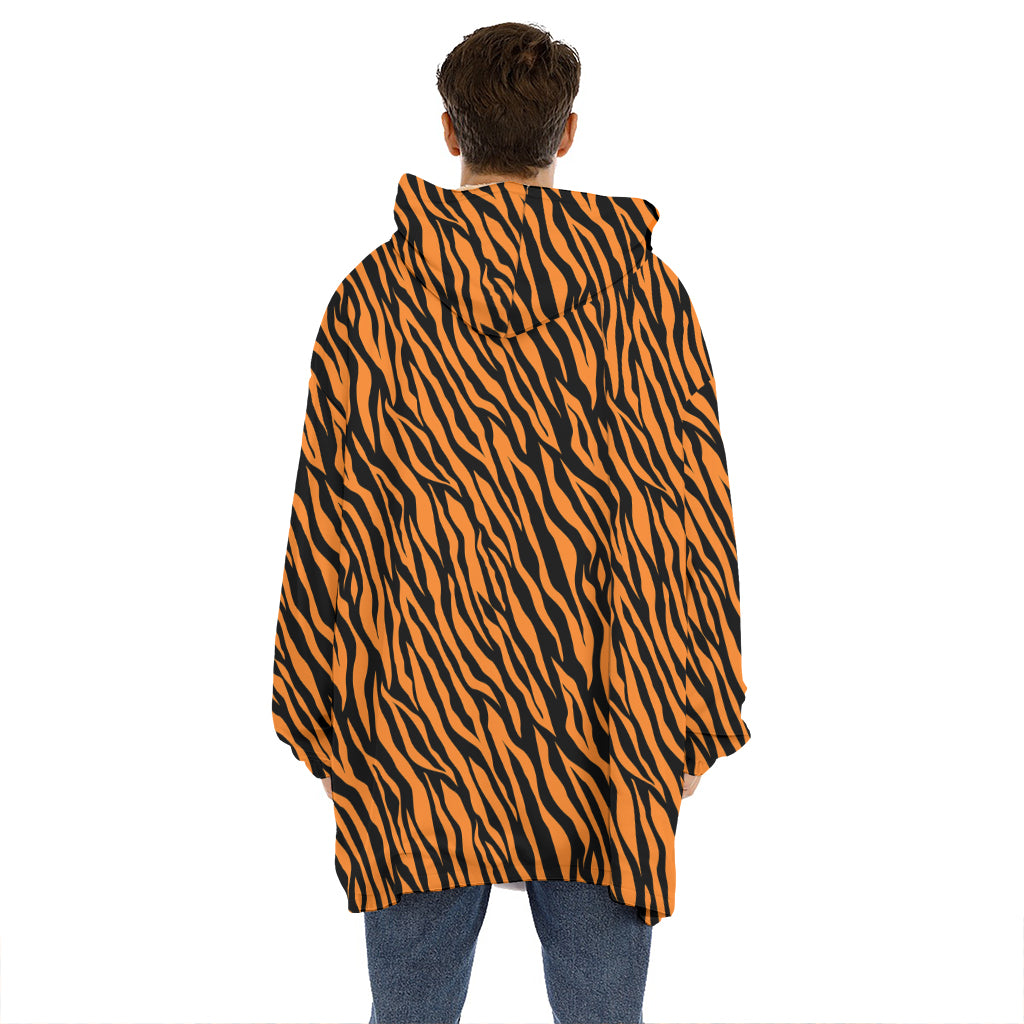 Orange And Black Tiger Stripe Print Hoodie Blanket