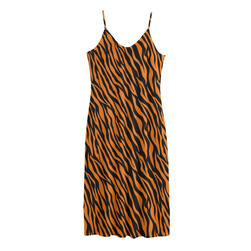 Orange And Black Tiger Stripe Print Jersey Midi Cami Dress