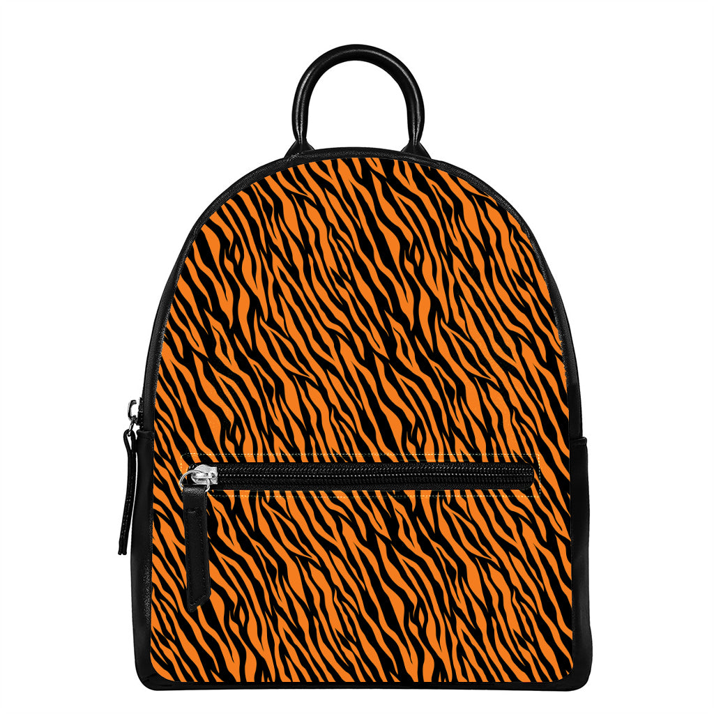 Orange And Black Tiger Stripe Print Leather Backpack