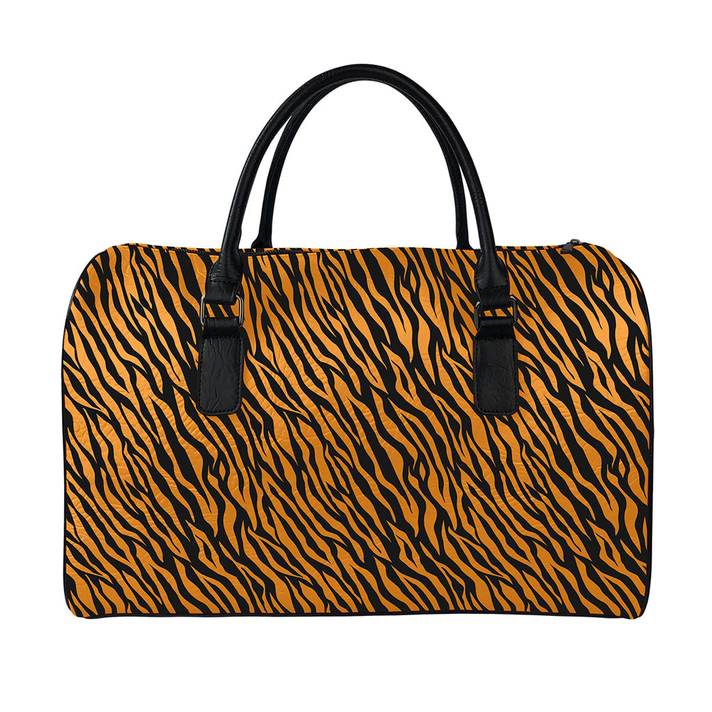 Orange And Black Tiger Stripe Print Leather Duffle Bag