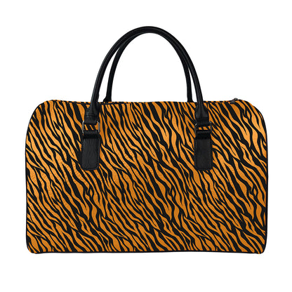 Orange And Black Tiger Stripe Print Leather Duffle Bag