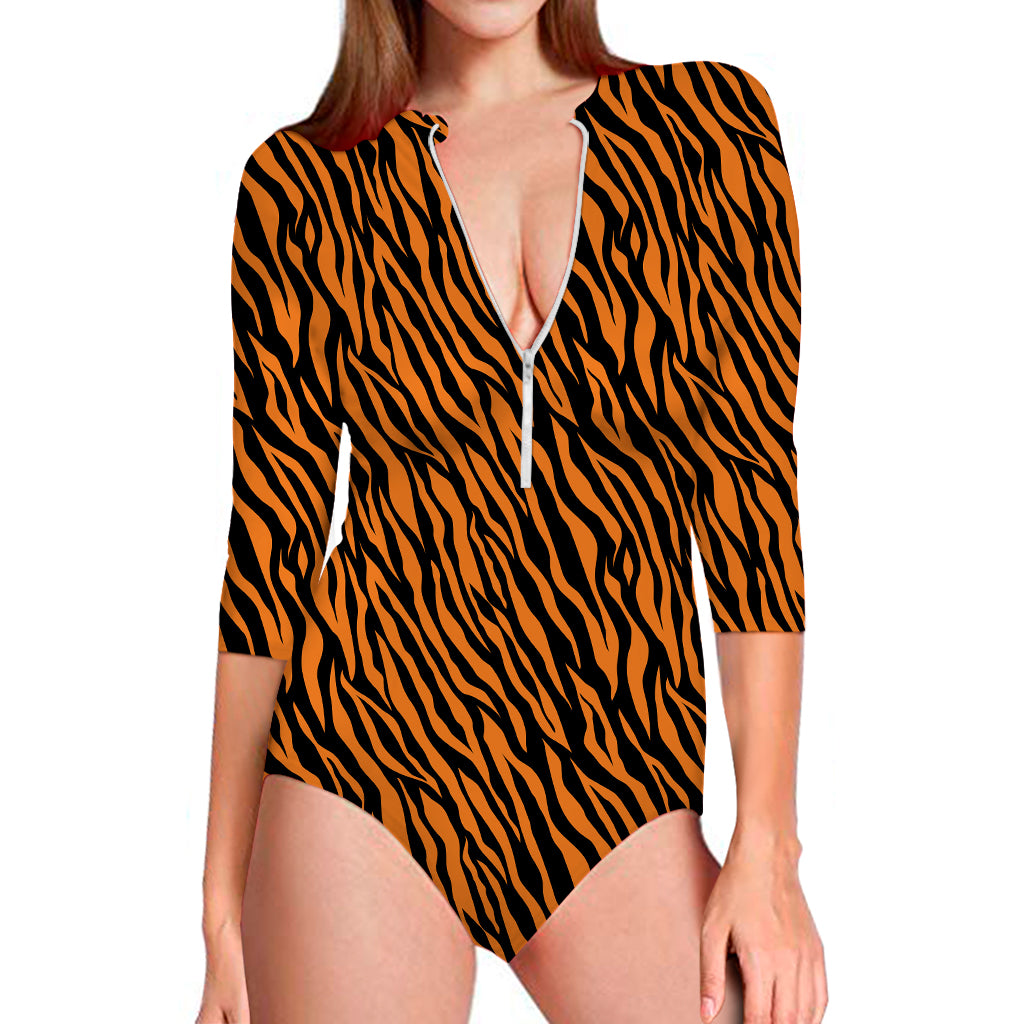 Orange And Black Tiger Stripe Print Long Sleeve Swimsuit