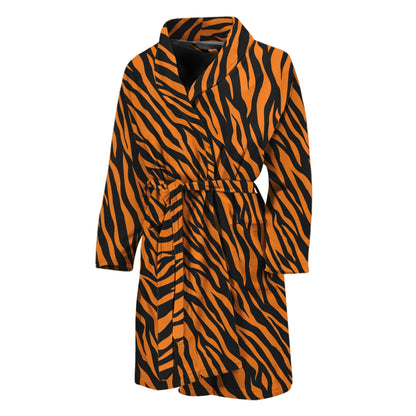 Orange And Black Tiger Stripe Print Men's Bathrobe