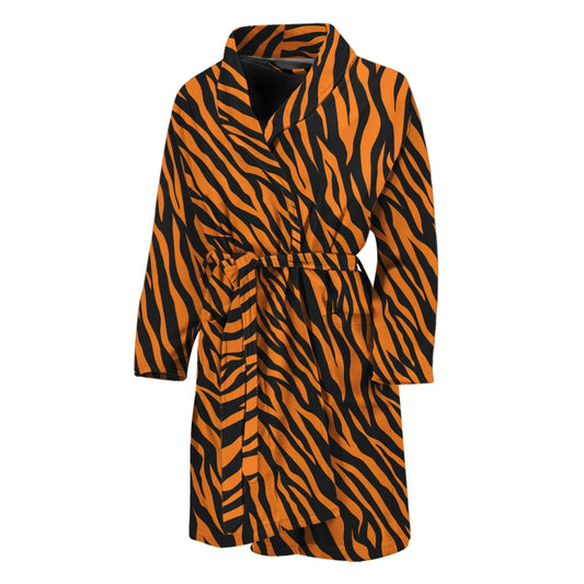 Orange And Black Tiger Stripe Print Men's Bathrobe