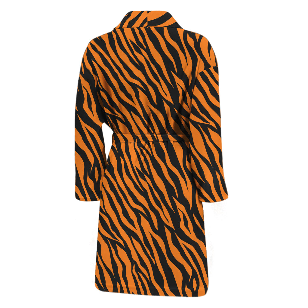 Orange And Black Tiger Stripe Print Men's Bathrobe