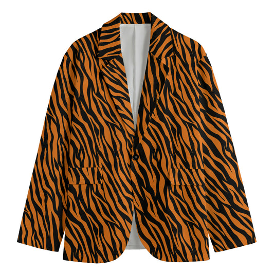 Orange And Black Tiger Stripe Print Men's Blazer