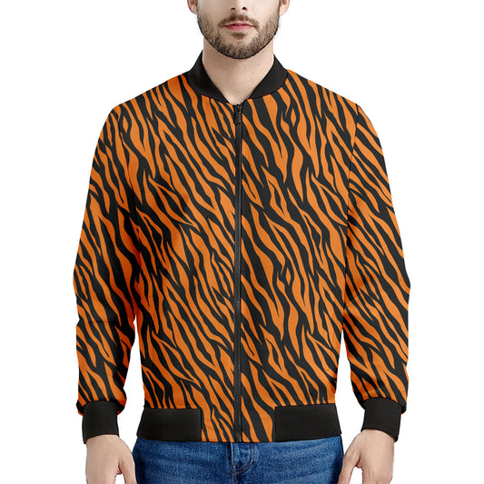 Orange And Black Tiger Stripe Print Men's Bomber Jacket