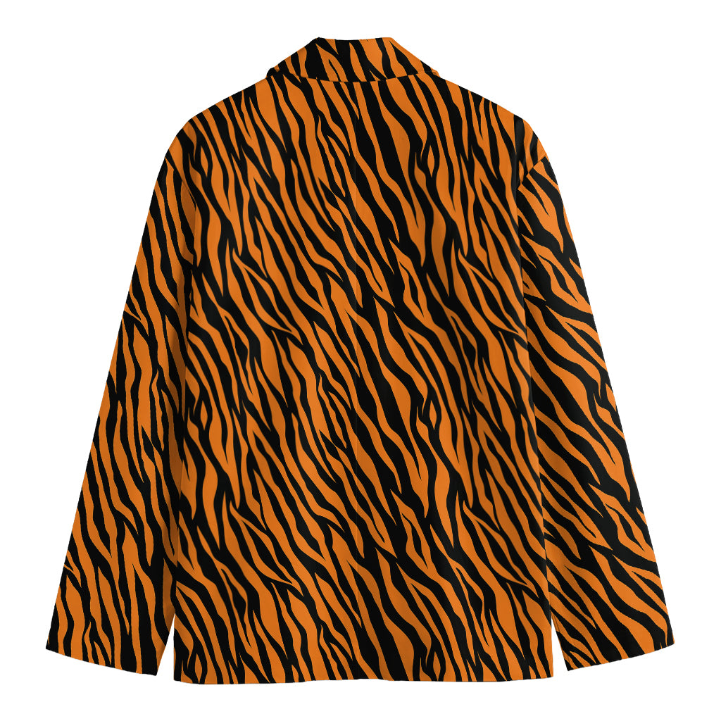 Orange And Black Tiger Stripe Print Men's Cotton Blazer