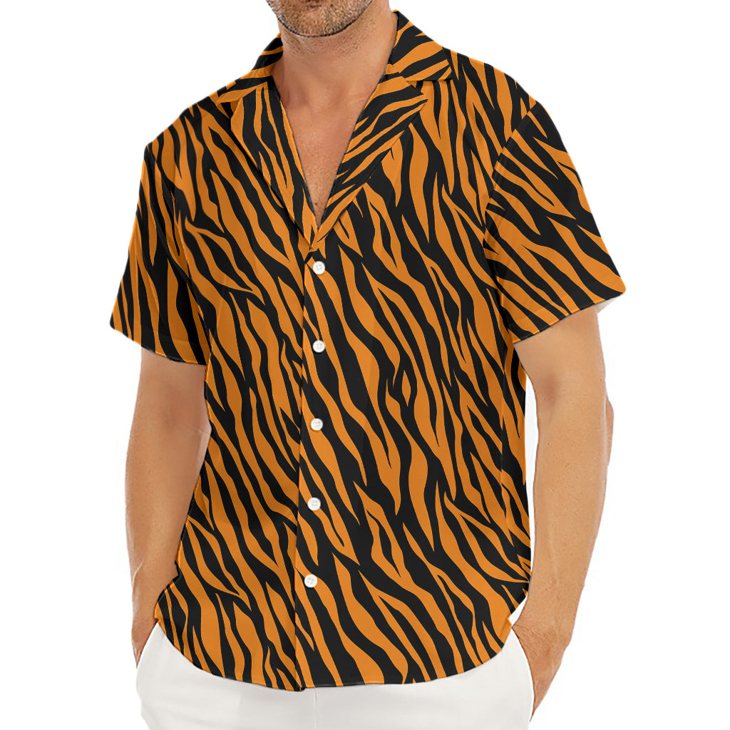 Orange And Black Tiger Stripe Print Men's Deep V-Neck Shirt