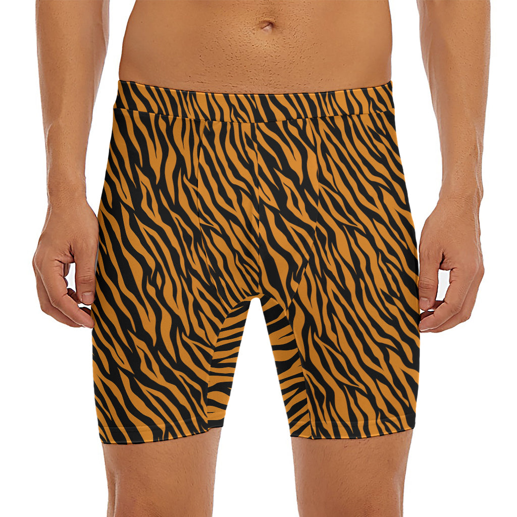 Orange And Black Tiger Stripe Print Men's Long Boxer Briefs