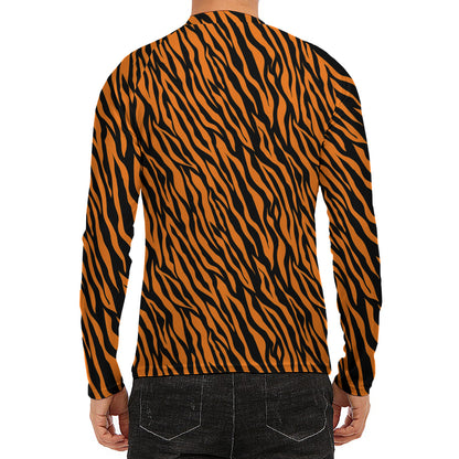 Orange And Black Tiger Stripe Print Men's Long Sleeve Rash Guard