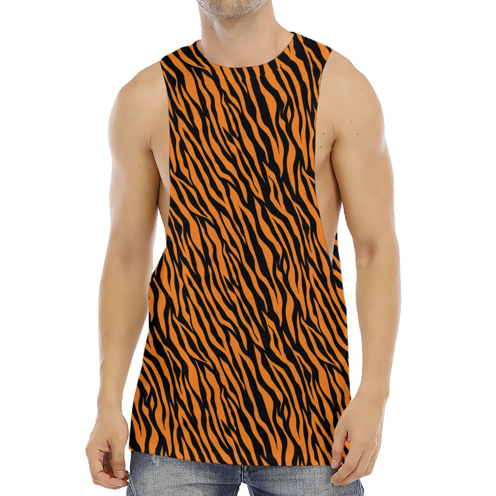 Orange And Black Tiger Stripe Print Men's Muscle Tank Top