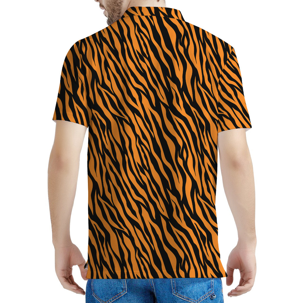 Orange And Black Tiger Stripe Print Men's Polo Shirt