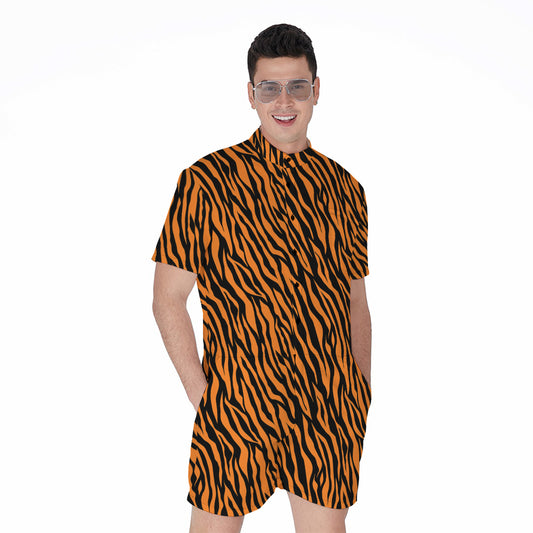 Orange And Black Tiger Stripe Print Men's Rompers