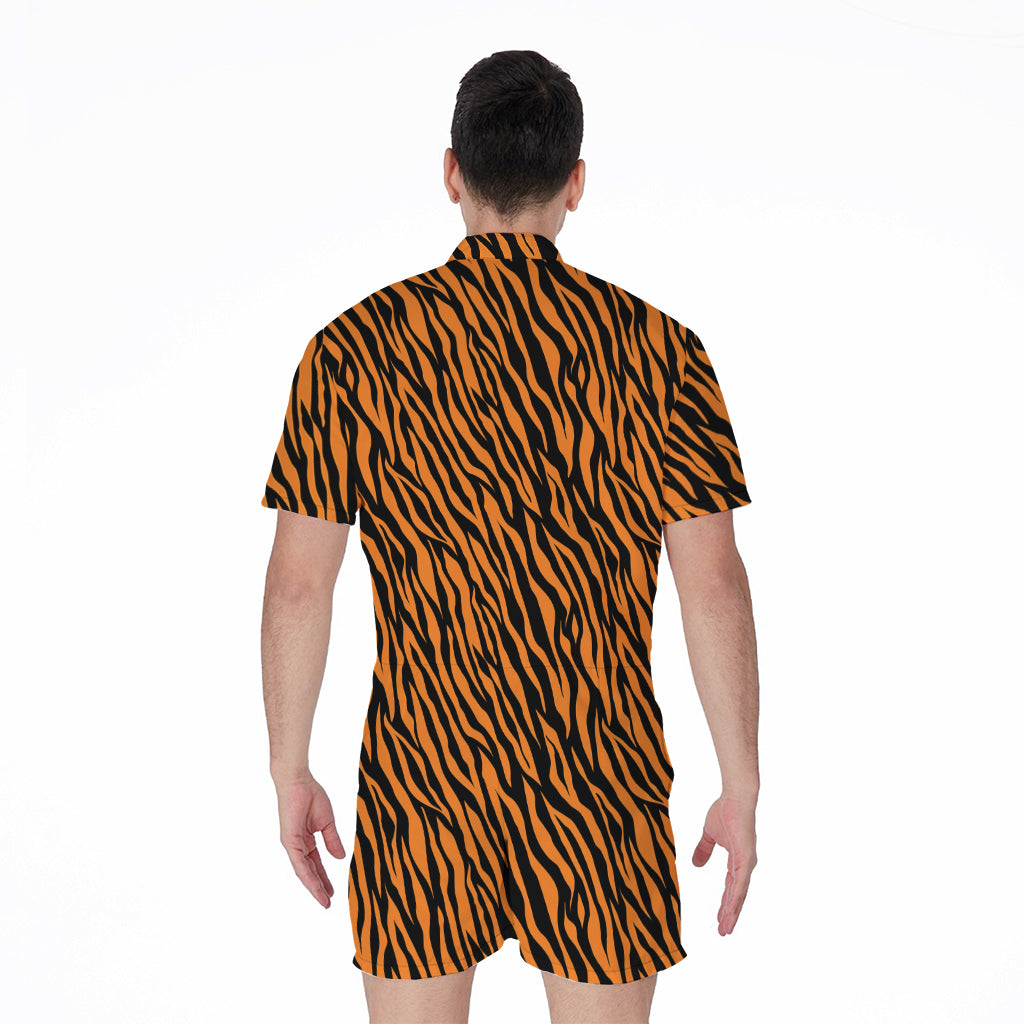 Orange And Black Tiger Stripe Print Men's Rompers