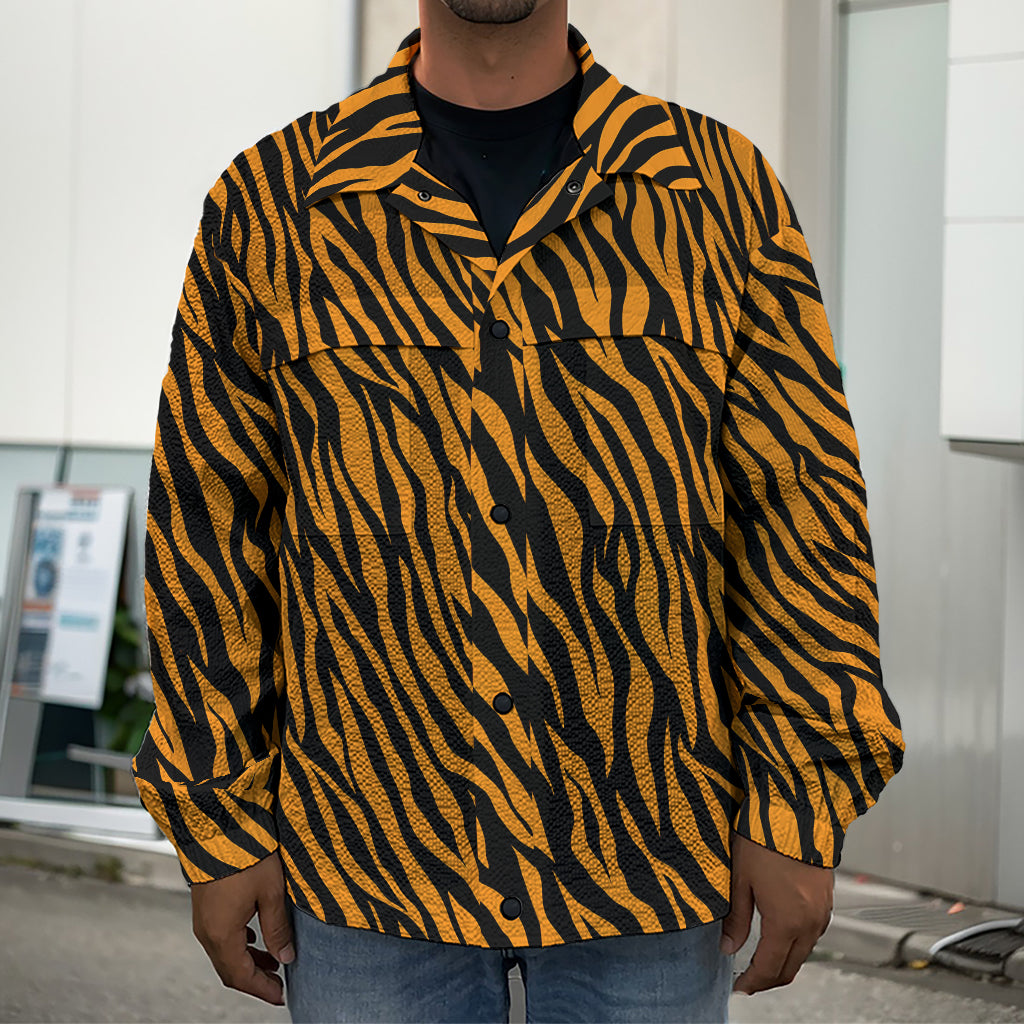 Orange And Black Tiger Stripe Print Men's Shirt Jacket