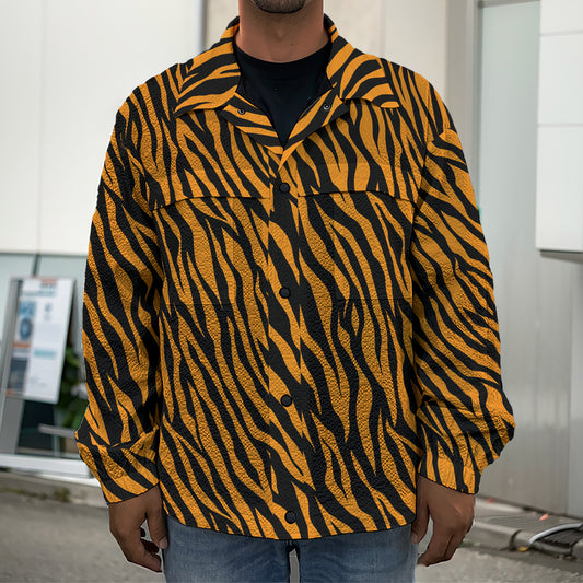 Orange And Black Tiger Stripe Print Men's Shirt Jacket