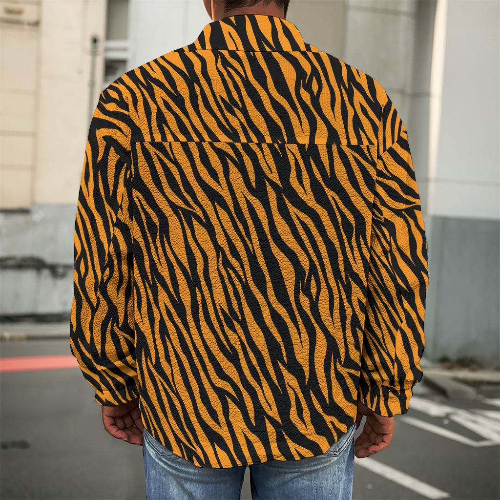 Orange And Black Tiger Stripe Print Men's Shirt Jacket