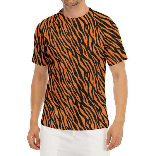 Orange And Black Tiger Stripe Print Men's Short Sleeve Rash Guard