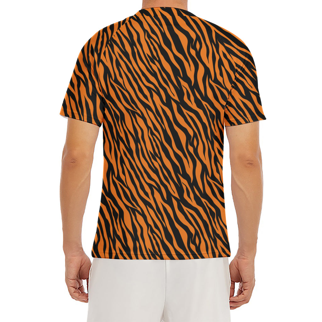 Orange And Black Tiger Stripe Print Men's Short Sleeve Rash Guard