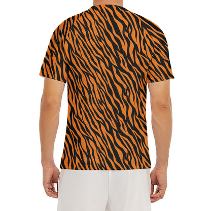 Orange And Black Tiger Stripe Print Men's Short Sleeve Rash Guard
