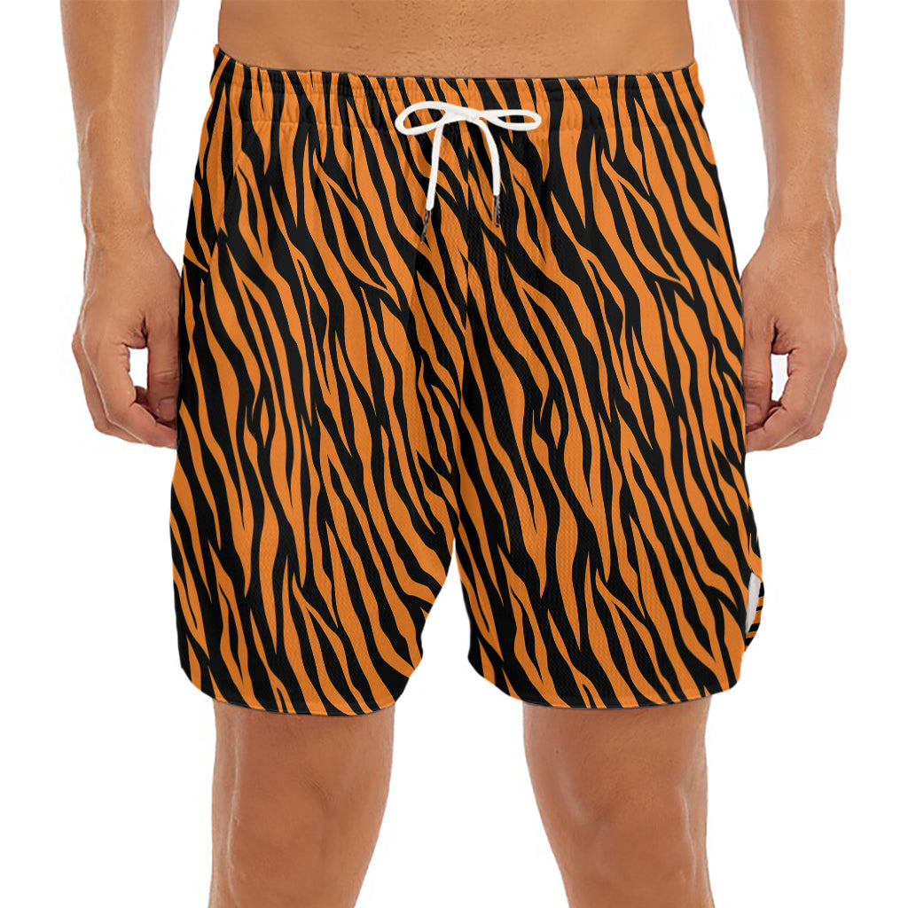 Orange And Black Tiger Stripe Print Men's Split Running Shorts