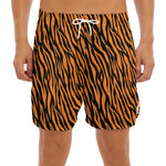 Orange And Black Tiger Stripe Print Men's Split Running Shorts