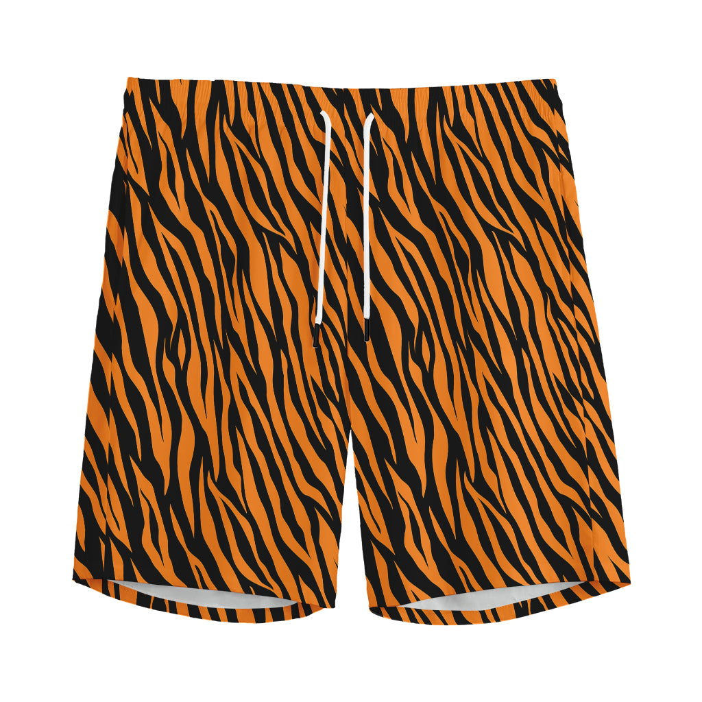 Orange And Black Tiger Stripe Print Men's Sports Shorts