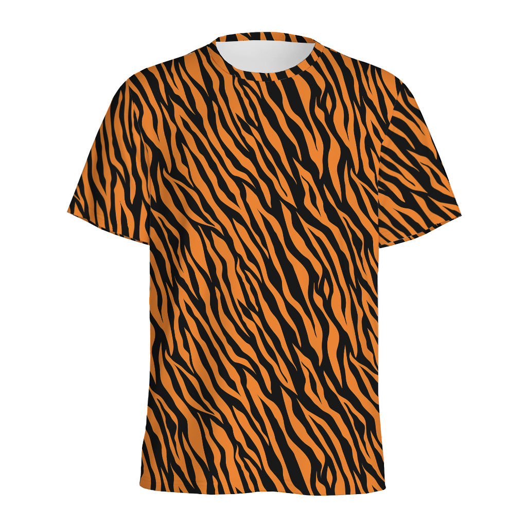 Orange And Black Tiger Stripe Print Men's Sports T-Shirt