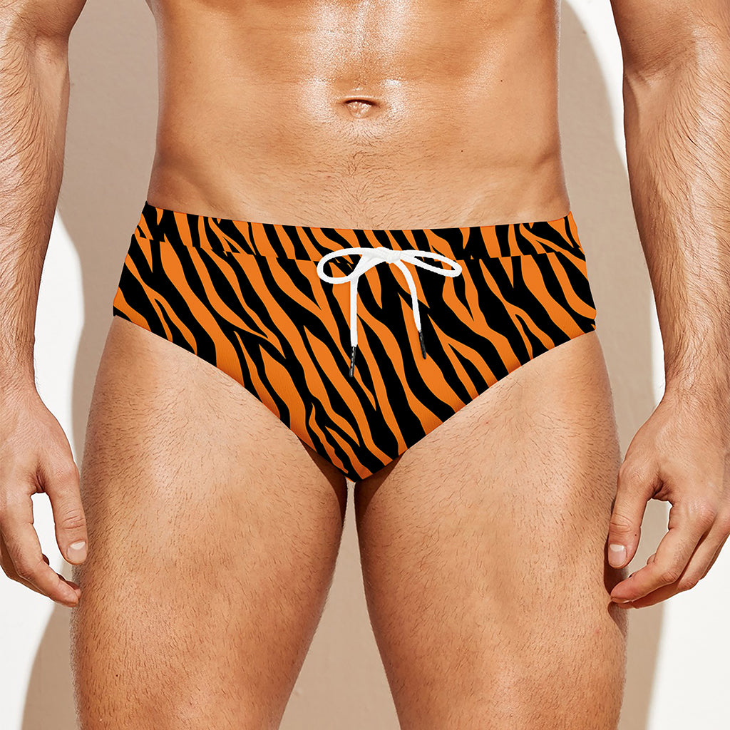 Orange And Black Tiger Stripe Print Men's Swim Briefs