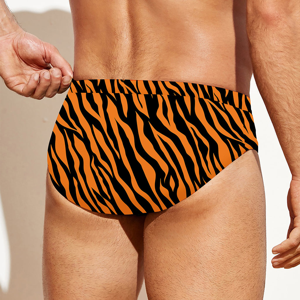 Orange And Black Tiger Stripe Print Men's Swim Briefs
