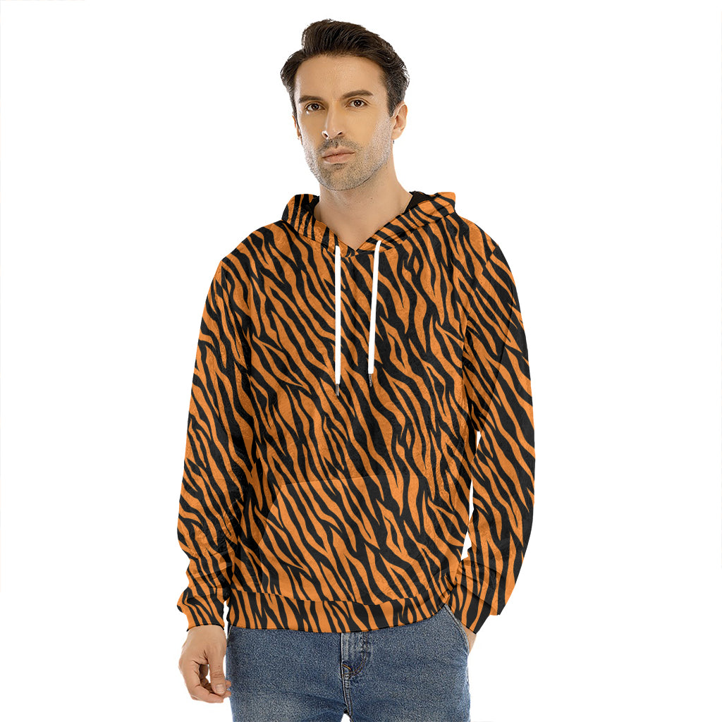 Orange And Black Tiger Stripe Print Men's Velvet Pullover Hoodie