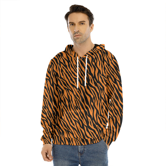 Orange And Black Tiger Stripe Print Men's Velvet Pullover Hoodie