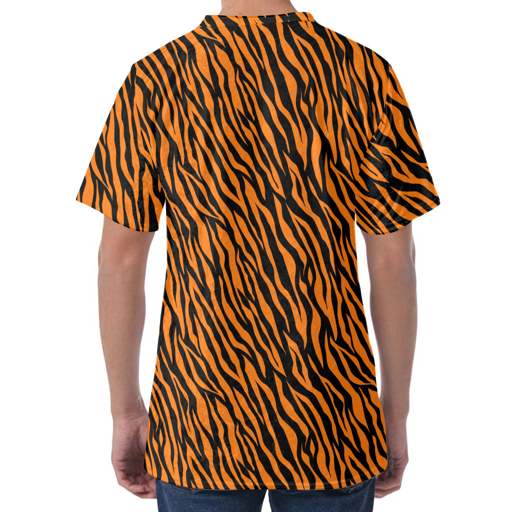 Orange And Black Tiger Stripe Print Men's Velvet T-Shirt