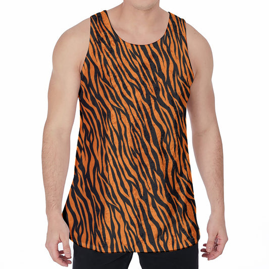 Orange And Black Tiger Stripe Print Men's Velvet Tank Top