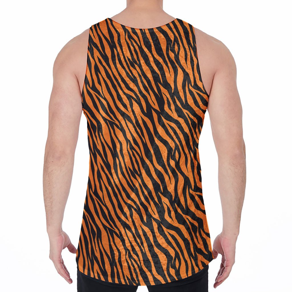 Orange And Black Tiger Stripe Print Men's Velvet Tank Top