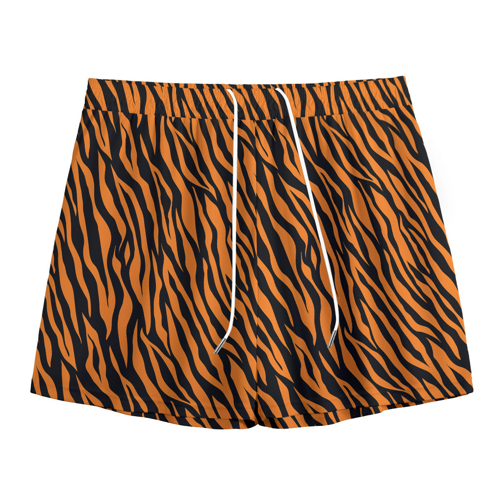 Orange And Black Tiger Stripe Print Mesh Shorts