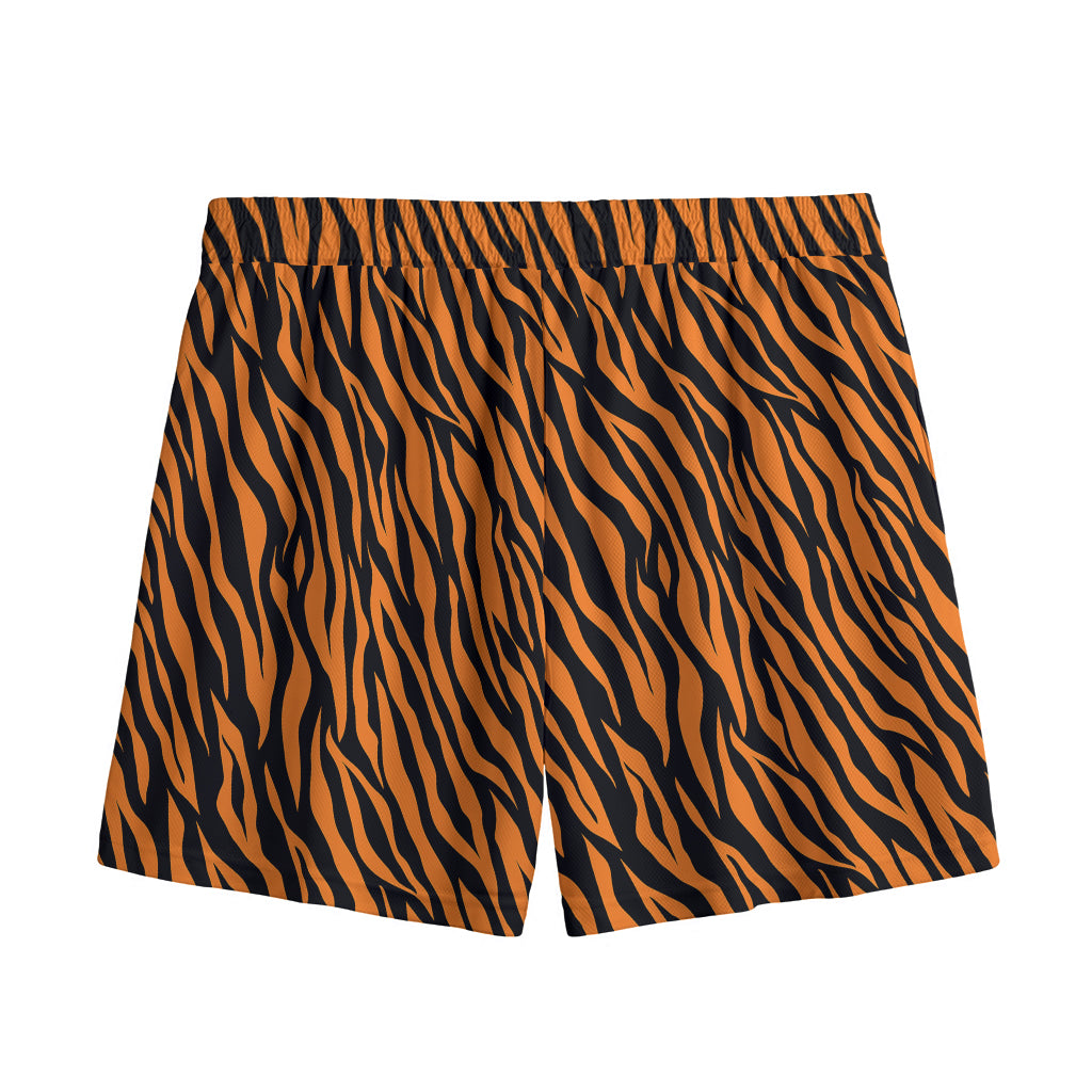 Orange And Black Tiger Stripe Print Mesh Shorts