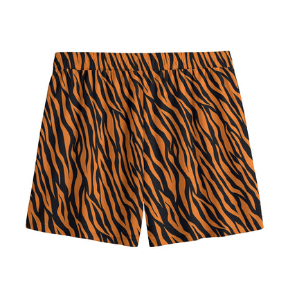 Orange And Black Tiger Stripe Print Mesh Shorts