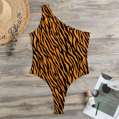 Orange And Black Tiger Stripe Print One Shoulder Bodysuit