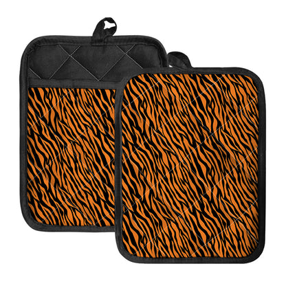 Orange And Black Tiger Stripe Print Pot Holders With Pocket