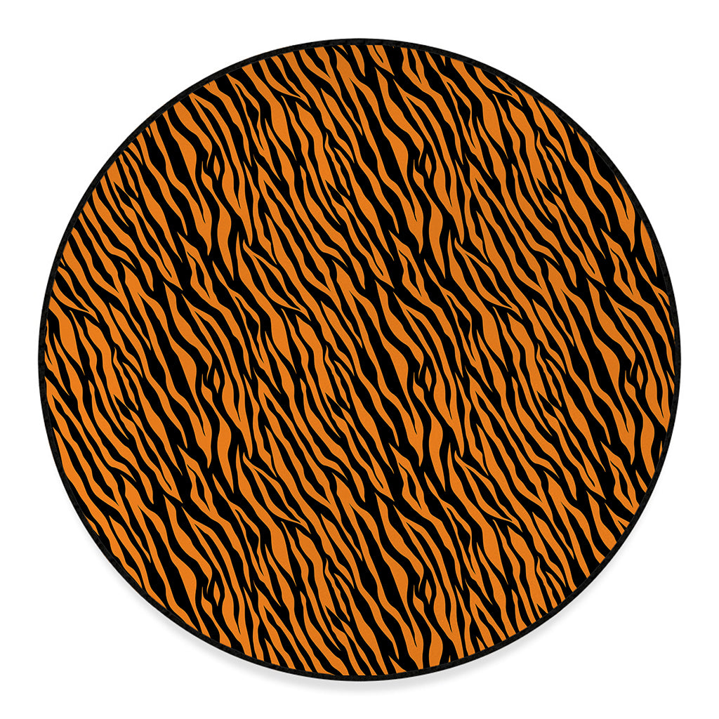 Orange And Black Tiger Stripe Print Round Floor Mat