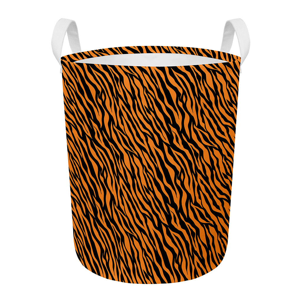 Orange And Black Tiger Stripe Print Round Laundry Basket