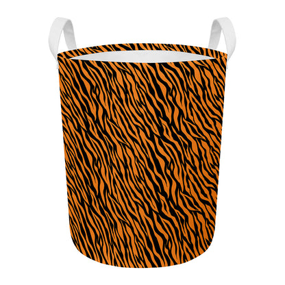 Orange And Black Tiger Stripe Print Round Laundry Basket