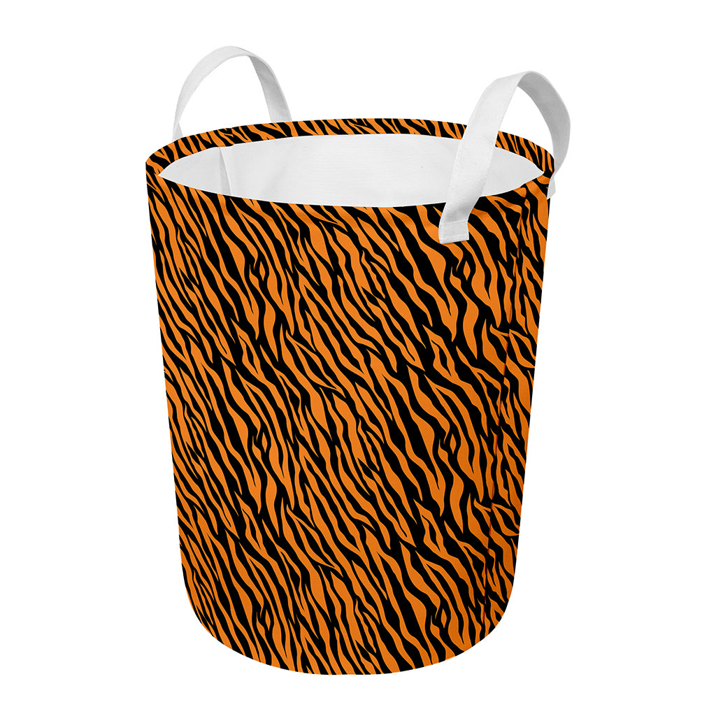 Orange And Black Tiger Stripe Print Round Laundry Basket